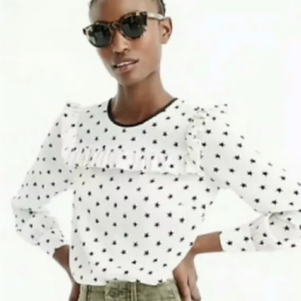 J. Crew Black & White Ruffle Yoke Silk Star Print Top Shirt Blouse